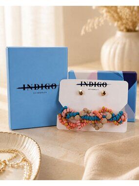 Indigo Authority Beaded Bracelet & Gold-Tone Stud Earrings Gift Set NIB